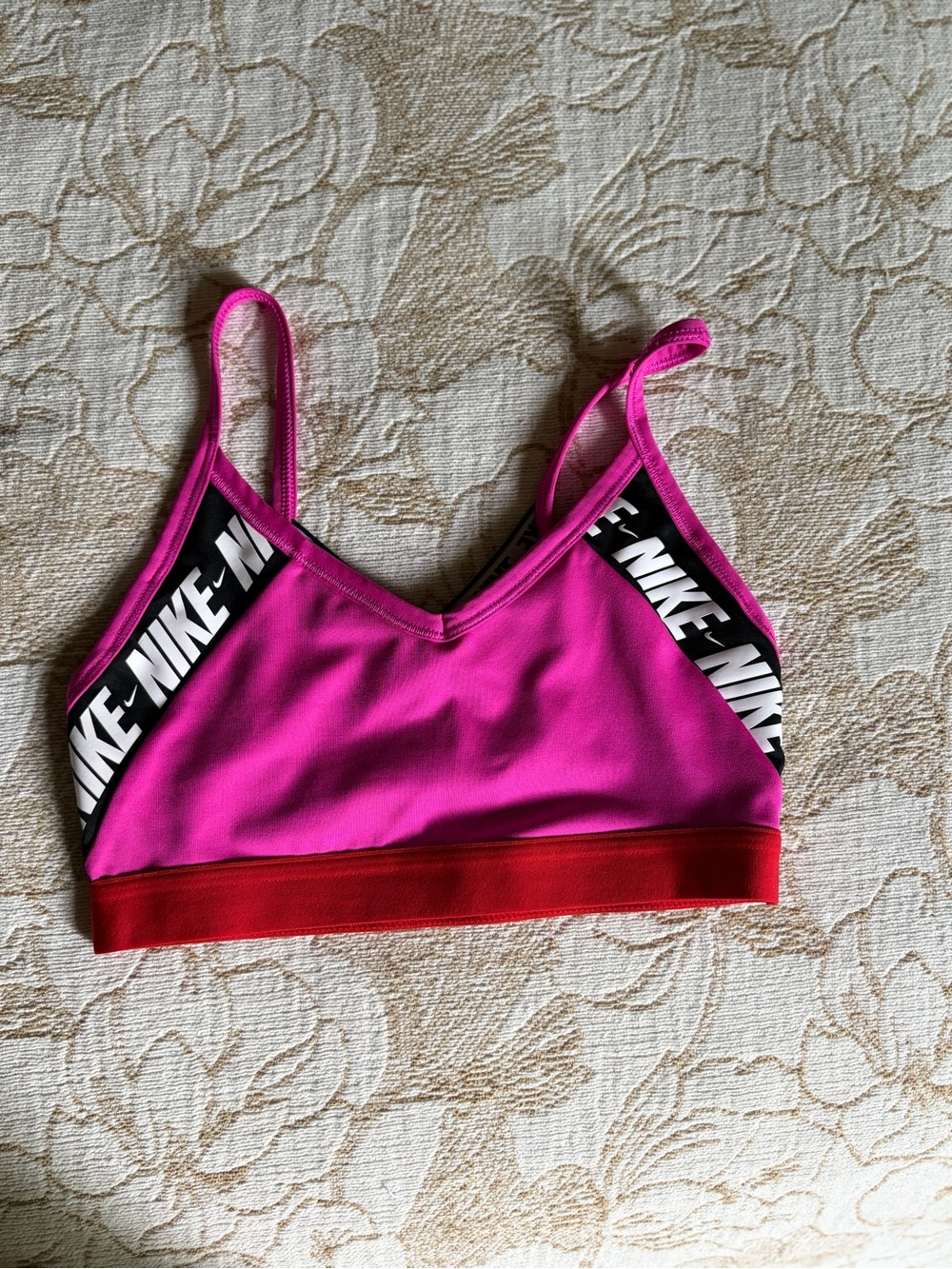 Nike Hot Pink and Red Dri-FIT Sports Bra with Black Logo